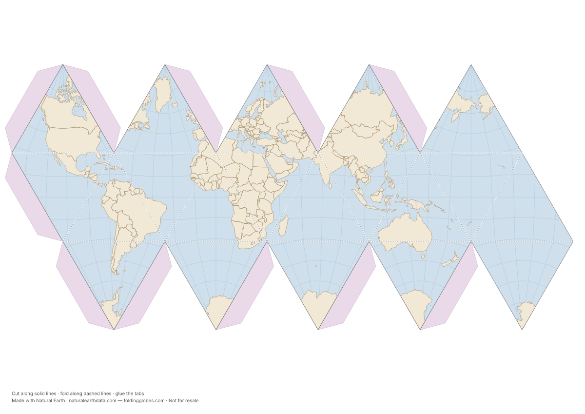 The same Earth unfolded into an icosahedron net — grid lines curve within each triangle