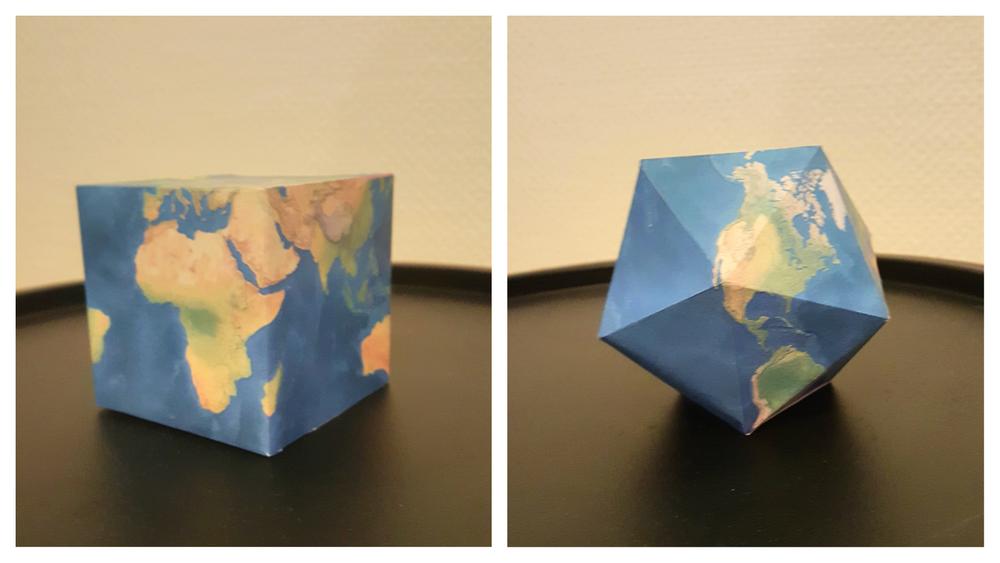 A finished paper globe cube and icosahedron